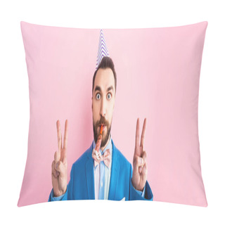 Personality  Panoramic Shot Of Businessman In Party Cap Holding Party Blower In Mouth And Showing Peace Sign Isolated On Pink  Pillow Covers