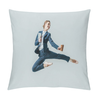 Personality  Businesswoman In Suit And Ballet Shoes Jumping With Coffee And Digital Tablet, Isolated On Grey Pillow Covers