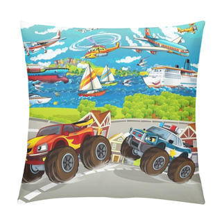 Personality  Cartoon Scene With Happy Police Monster Truck - Ships And Planes In The Background - Illustration For Children Pillow Covers