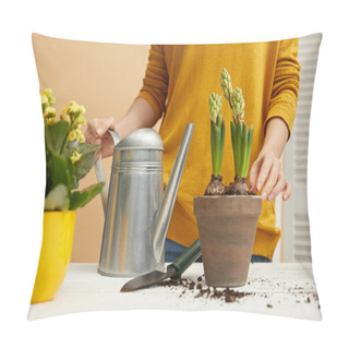 Personality  Partial View Of Woman Holding Watering Can And Touching Hyacinth In Clay Flowerpot  Pillow Covers