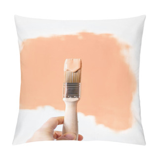 Personality  Process Of Choosing Paint For The Walls During House Renovation, Peach Fuzz Color And Brush In Paint, Color Of The Year 2024 Pillow Covers