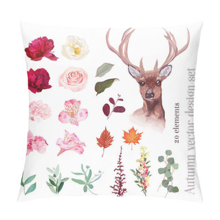 Personality  Autumn Floral Mix, Reindeer Head Vector Design Set. Burgundy Red, Pink, White Flowers.  Pillow Covers