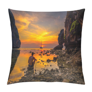 Personality  Young Boy Enjoys Dramatic Sunset At Maya Beach In Thailand Pillow Covers