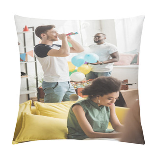 Personality  African American Woman Sitting On Sofa And Two Young Men Standing Behind With Party Horns And Colorful Balloons  Pillow Covers