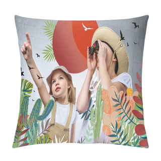 Personality  Children In Safari Costumes And Hats Pointing And Looking In Binoculars At Birds And Cactuses Pillow Covers
