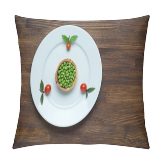 Personality  Healthy Food Theme: Green Peas On A Plate With Tomato Cherry. Wooden Table Background  Pillow Covers