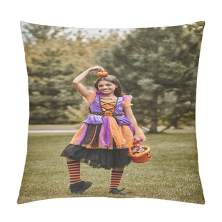 Personality  Happy Girl In Halloween Costume Holding Pumpkin And Bucket Of Candies On Green Grass, Kid In Dress Pillow Covers