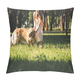 Personality  Full Length View Of Beautiful Young Girl In White Dress Playing Ball With Golden Retriever On Meadow Pillow Covers