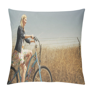 Personality  Attractive Young Hip White Girl Riding Bike In Wheat Field Pillow Covers