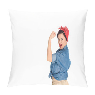 Personality  Excited Pin Up Woman Showing Biceps And Looking At Camera Isolated On White  Pillow Covers