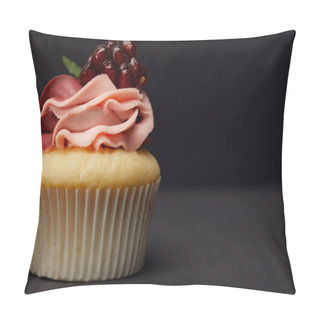 Personality  Cupcake With Garnet On Grey Surface Isolated On Black Pillow Covers