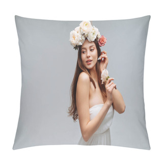 Personality  Beautiful Young Girl Smiling And Posing With Flowers On Gray Background In White Dress. Studio Portrait. Pillow Covers