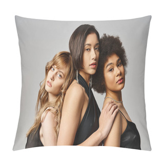 Personality  A Group Of Women Of Different Ethnicities Standing Together, Showcasing Multicultural Beauty And Unity On A Grey Background. Pillow Covers