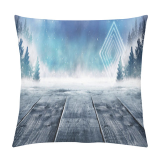 Personality  Dark Winter Forest Background At Night. Winter Snow Landscape With Wooden Table In Front. Snow, Fog, Moonlight. Dark Neon Night Background In The Forest With Moonlight. Neon Figure In The Center. Night View, Magic. Pillow Covers