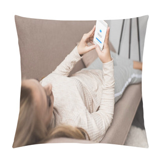 Personality  Woman On Couch Using Smartphone With Messenger App On Screen Pillow Covers