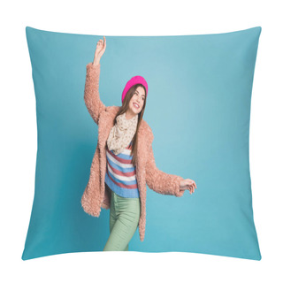 Personality  Portrait Of Her She Nice Attractive Fashionable Lovely Cheerful Cheery Carefree Dreamy Girl Dancing Having Fun Walking Isolated On Bright Vivid Shine Vibrant Green Blue Turquoise Color Background Pillow Covers