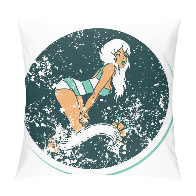 Personality  iconic distressed sticker tattoo style image of a pinup girl in swimming costume with banner pillow covers