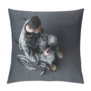 Personality  Overhead View Of Disabled Man In Military Uniform Sitting In Wheelchair And Covering Face With Hand Pillow Covers