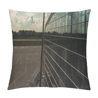 Personality  Panoramic Shot Of Glass Facade Of Airport With Airfield And Cloudy Sky At Background In Copenhagen, Denmark  Pillow Covers