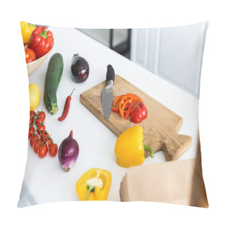 Personality  High Angle View Of Fresh Vegetables And Wooden Cutting Board With Knife On Table Pillow Covers