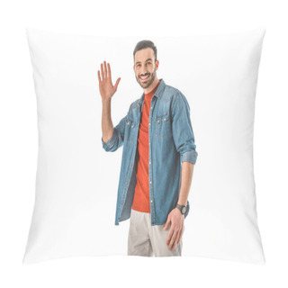 Personality  Handsome Smiling Man Looking At Camera And Showing Hello Gesture Isolated On White Pillow Covers