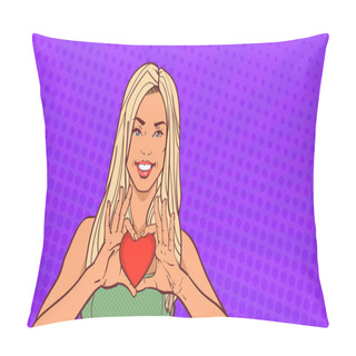 Personality  Happy Woman Holding Red Heart Smiling Over Comic Pop Art Background With Copy Space Valentines Day Concept Pillow Covers