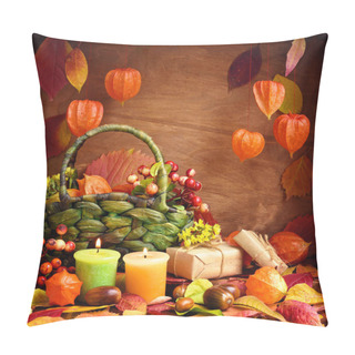 Personality  Autumn Cozy Still Life. Candles, Berries, Autumn Leaves And Physalis On Wooden Background. Pillow Covers
