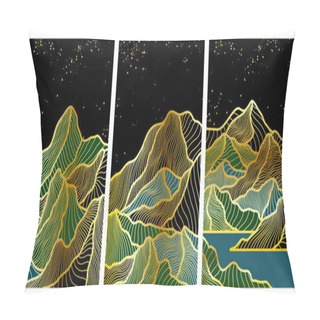 Personality  Gold Mountain Wallpaper Design With Landscape Art, Luxury Gold Background Design For Cover, Black Background, Packaging Design, Wall Art, Fabric And Print. Vector Illustration. Pillow Covers