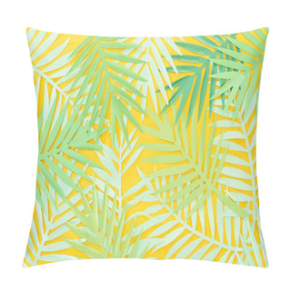 Personality  Top View Of Paper Cut Green Tropical Leaves Scattered On Yellow Bright Background Pillow Covers