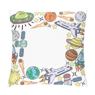 Personality  Vector Doodle Space Pattern. Earth, Moon, Jupiter, Sun, Saturn. Pillow Covers