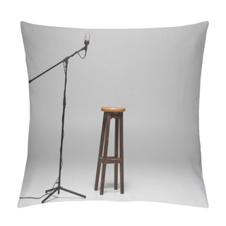 Personality  Brown Wooden Chair Standing Near Microphone With Wire On Stand On Grey Background With Copy Space, High Stool In Studio  Pillow Covers