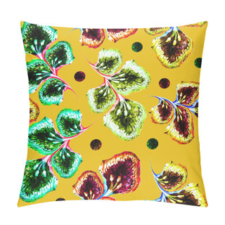 Personality  Pattern Of Polka Dots And Fabulous Leaves On A Yellow Background. Seamless Autumn Abstract Background. Hand Drawing Watercolor. Print For Textile, Wallpaper. Pillow Covers