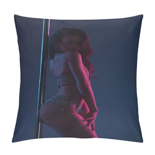 Personality  Beautiful Sensual Female Dancer Posing With Pole On Blue Pillow Covers