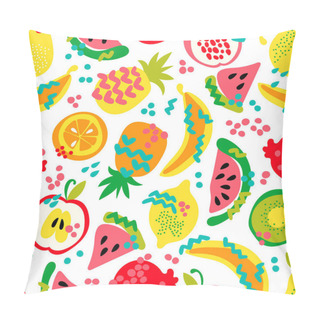 Personality  Fruits. Cartoon Food. Pineapple, Watermelon, Banana, Orange, Pomegranate, Kiwi, Lemon. Seamless Vector Pattern (background, Print). Pillow Covers