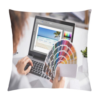 Personality  Close-up Of A Female Designer Holding Colorful Swatch Working On Laptop In Office Pillow Covers