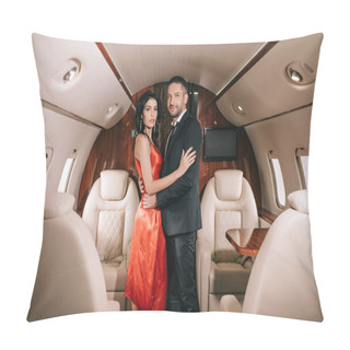 Personality  Attractive Woman In Red Dress Standing With Handsome Bearded Man In Private Jet  Pillow Covers