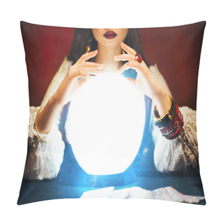 Personality  Fantasy Beautiful Retro Womens Hands Close-up, Look Feel Energy Of Crystal Ball In Dark Gothic Room. Photo Of Old Art Vintage Astrology. Fortune Teller Woman Reading Future On Magical Tarot Cards Pillow Covers