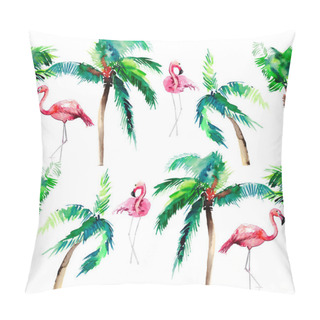 Personality  Beautiful Bright Green Lovely Wonderful Hawaii Floral Summer Pattern Of A Tropical Green Palm Trees And Tender Pink Flamingoes Watercolor Hand Sketch. Perfect For Greetings Card, Textile, Wallpapers, Wrapping Paper Pillow Covers