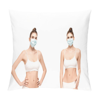 Personality  Collage Of Young Woman In Medical Mask, Top And Panties Standing With Hands On Hips Isolated On White Pillow Covers