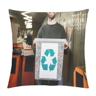 Personality  Cropped View Of Smiling And Bearded Volunteer Holding Trash Bin With Recycle Sign In Blurred Waste Disposal Station At Background, Garbage Sorting And Recycling Concept Pillow Covers