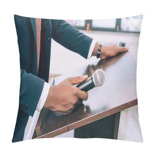 Personality  Cropped Image Of African American Lecturer Standing At Podium Tribune With Microphone In Conference Hall Pillow Covers