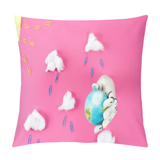 Personality  Top View Of Rain Composition Arranged Of Paper Clips And Cotton With Robotic Hand Holding Earth Globe On Pink Pillow Covers