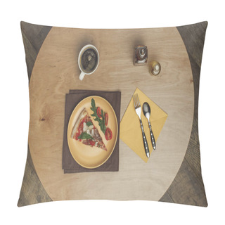 Personality  Flat Lay With Arranged Piece Of Pizza On Plate, Cup Of Tea And Cutlery On Wooden Tabletop Pillow Covers