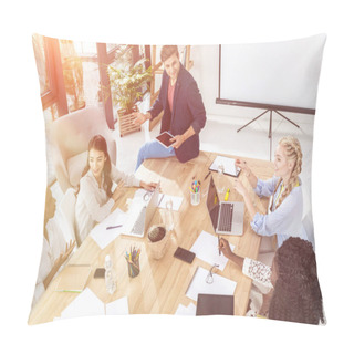 Personality  High Angle View Of Multicultural Business Team Having Meeting In Office Pillow Covers