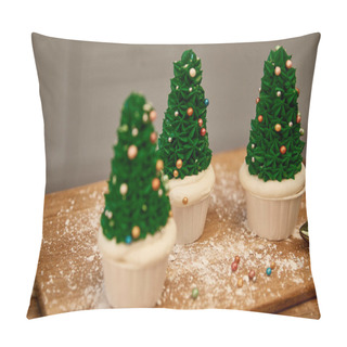 Personality  Selective Focus Of Christmas Tree Cupcakes With Flour And Christmas Ball On Cutting Board Pillow Covers