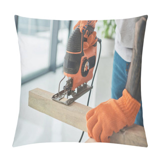 Personality  Close-up Partial View Of Of Young Tattooed Man Using Electric Jigsaw During Home Improvement Pillow Covers