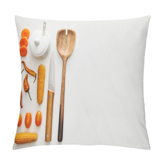 Personality  Top View Of Wooden Spoon With Knife And Vegetables On Marble Background Pillow Covers
