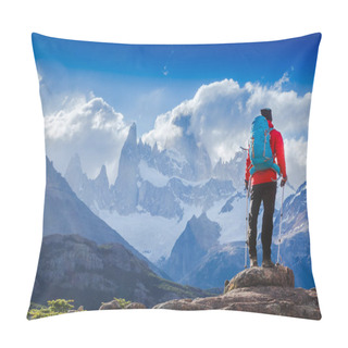 Personality  Active Hiker Hiking, Enjoying The View, Looking At Patagonia Mountain Landscape. Fitz Roy, Argentina. Mountaineering Sport Lifestyle Concept Pillow Covers