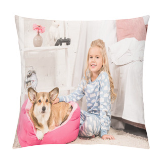 Personality  Cute Child In Pajamas Sitting With Welsh Corgi Dog And Looking At Camera At Home  Pillow Covers