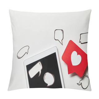 Personality  Digital Tablet With Paper Like Sign, Thought And Speech Bubbles On White Surface Pillow Covers